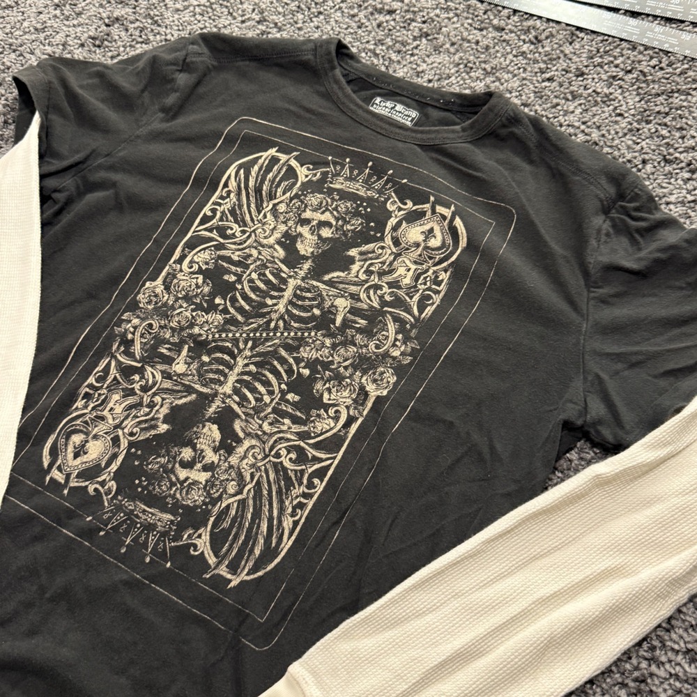 Vintage Lucky Brand Graphic Tee Mens Charcoal Skeleton Layered Thermal Shirt M